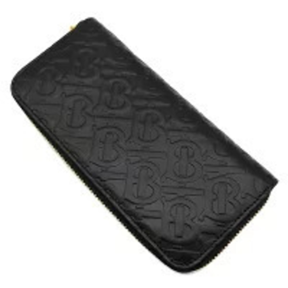Burberry Zipper TB Monogram Embossed Black Wallet Leather Long Round Black